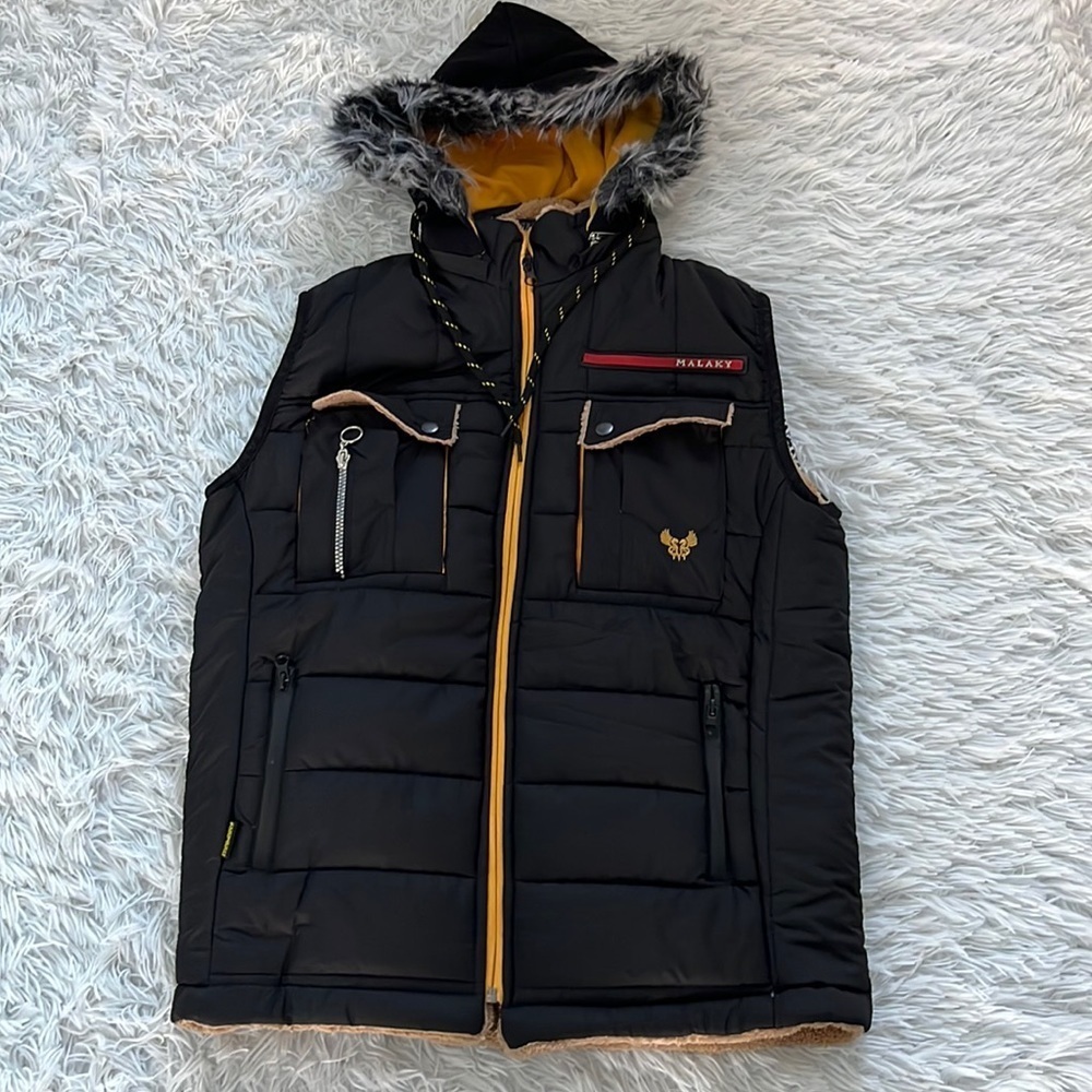 Malaky Unisex Zip up fur hoodie Vest in black size Medium